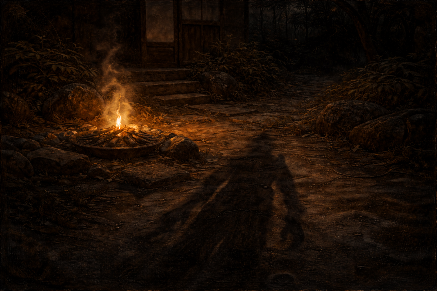 夜の日本庭園に置かれた迎え火が燃えている。庭石と地面に長い影が伸び、奥には植え込みと建物の玄関が暗がりの中に見えている。