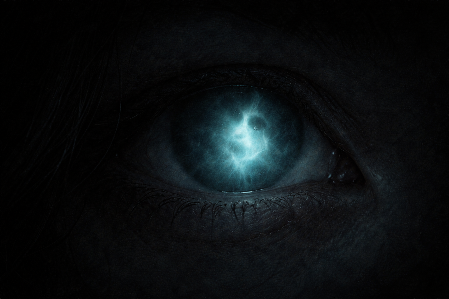 暗い画面の中央付近に、淡い青白い光の輪郭がぼんやりと浮かんでいる。背景はほぼ黒く、はっきりした物体や文字は見えず、光のにじみだけが確認できる。