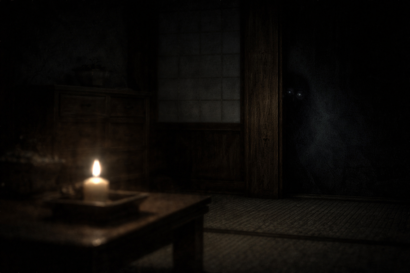 暗い和室の内部で、部屋の隅や柱の影が視界の端に広がっている。中央は比較的明るく、周囲に向かうにつれて形の判然としない暗がりが増している。