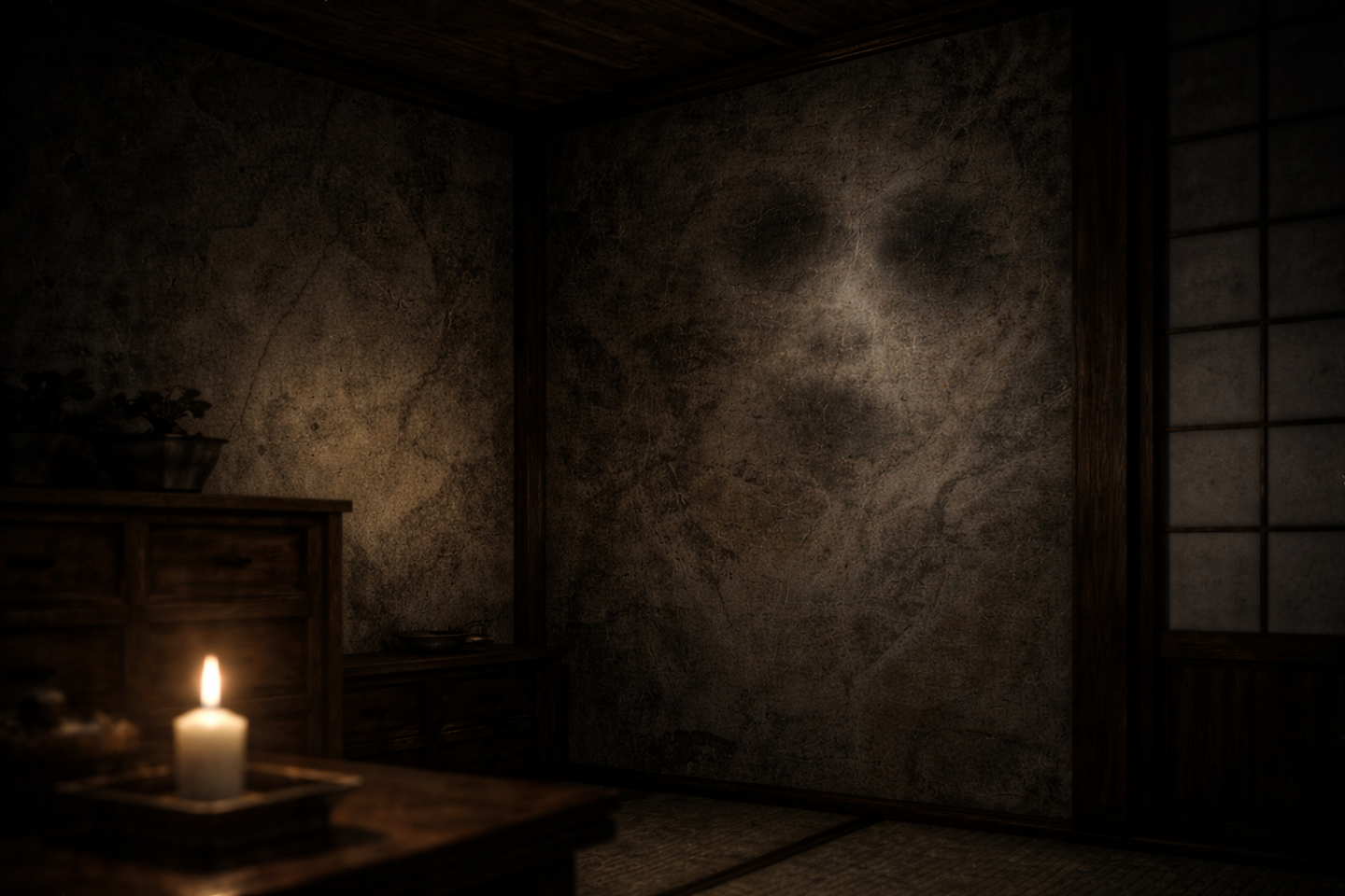 暗い和室の壁と天井に、木目や染みのような不規則な模様が広がっている。低い位置からの灯りによって陰影が強調され、模様の輪郭が場所によって異なって見えている。