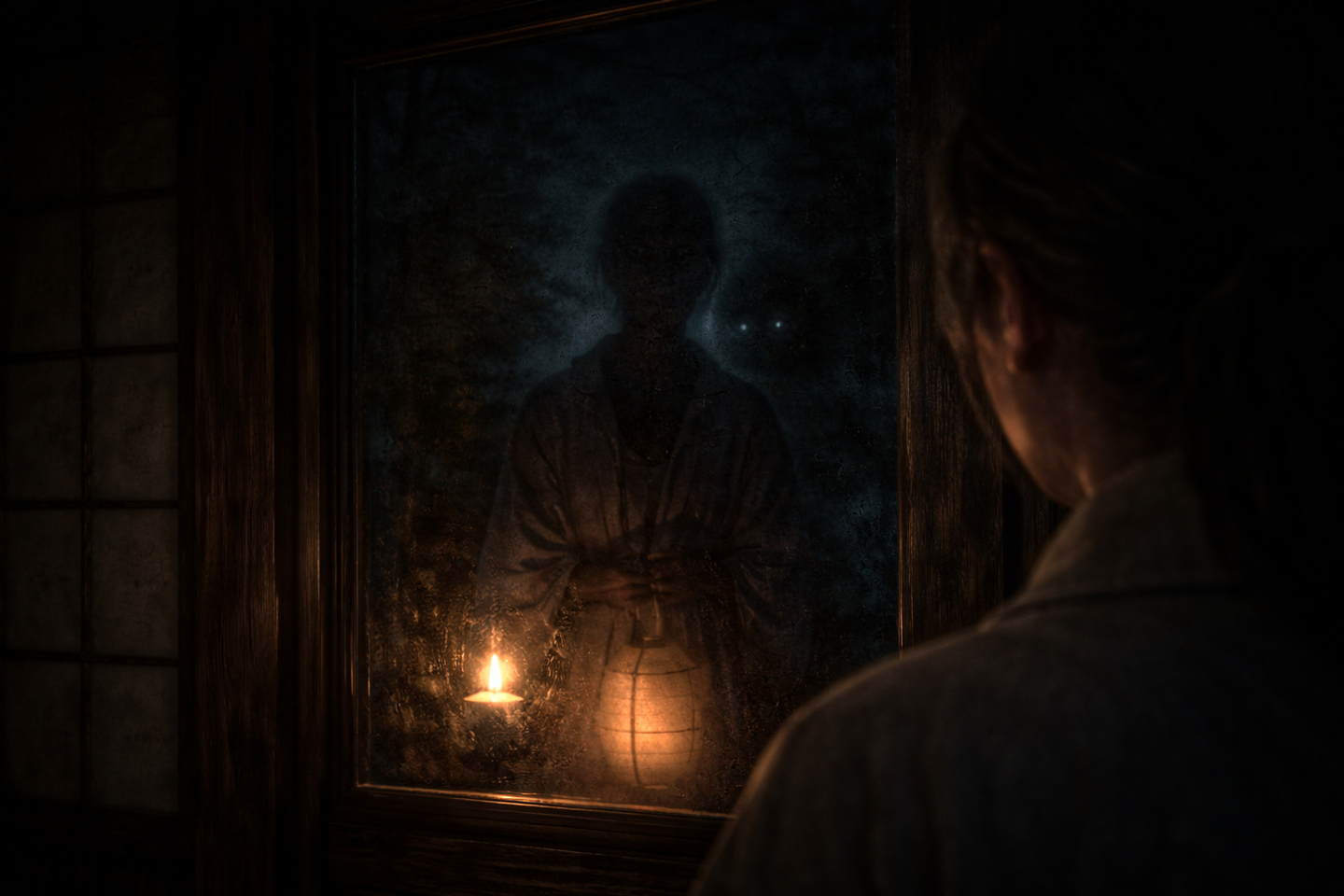 夜の日本家屋の窓ガラスに、室内の様子が反射して映っている。窓の外には暗い庭があり、迎え火の光がガラス表面に淡く映り込んでいる。人物の姿ははっきりせず、光と影の重なりが見えている。