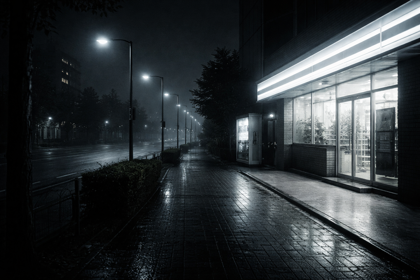 夜の都市の通りが街灯や店舗の照明で明るく照らされている。路面や建物の壁にははっきりした影がほとんど見られず、全体が均一な白い光に包まれている。