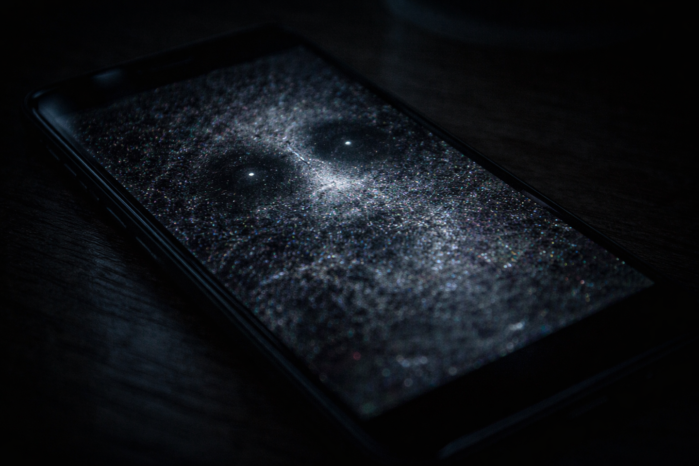 暗い室内で光るデジタル画面が中央にあり、画面表面には細かなノイズや光の粒が見えている。周囲は暗く、はっきりした影や人物の姿は確認できない。