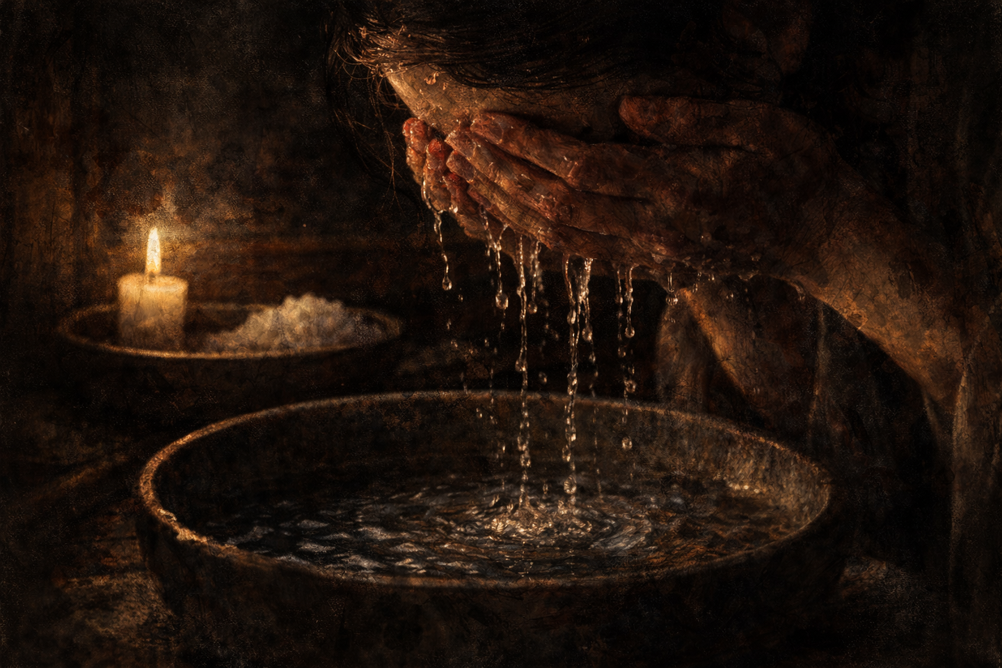 暗い室内で、両手ですくった水を顔に当てる人物の上半身が描かれている。手の隙間から水滴が落ち、下には古びた器に張られた水面が見える。奥には蝋燭の小さな炎と、白い塩の盛られた皿が置かれている。