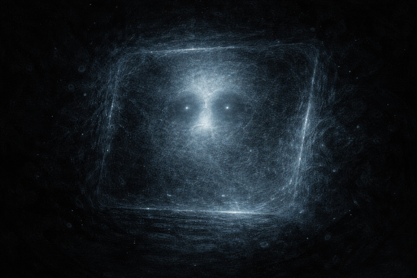 暗い室内で光る画面を見つめた後の空間。壁と天井の境目がぼんやりと浮かび、画面の余光が周囲に淡く残っている。