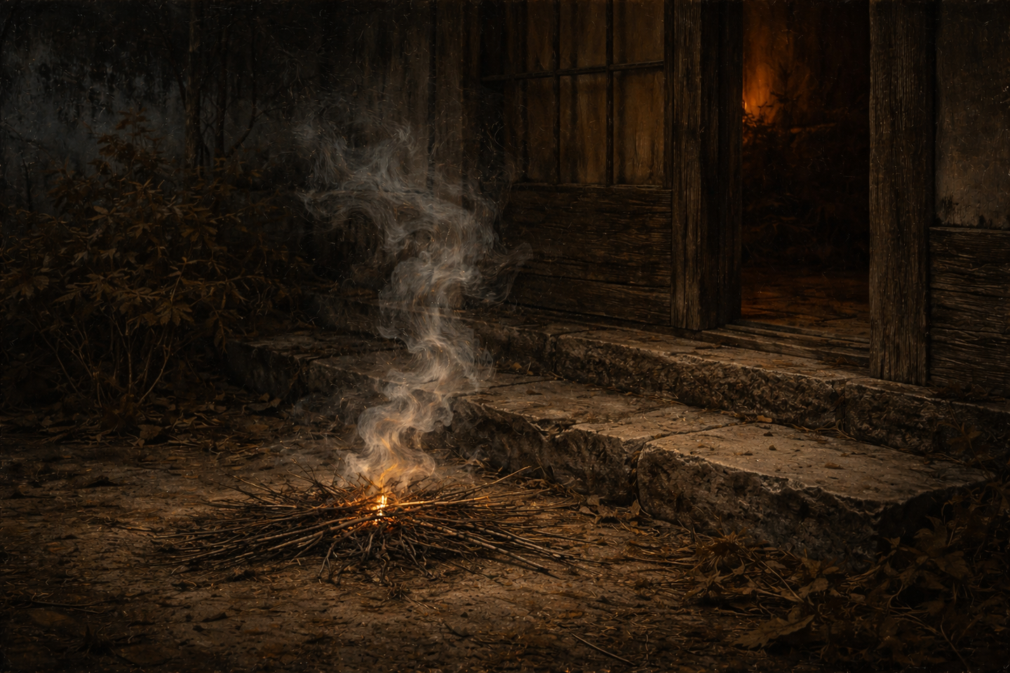 夕暮れの日本家屋の玄関前で、麻や藁を燃やした後の小さな火の跡から細い煙が立ち昇り、木戸と石段が暗がりの中に見えている