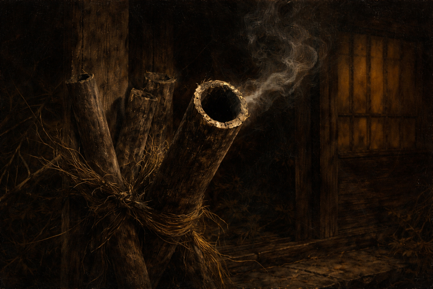 Close view of bundled dried hemp stalks near a wooden structure, with one hollow stalk facing forward and faint smoke drifting from its opening in a dark setting