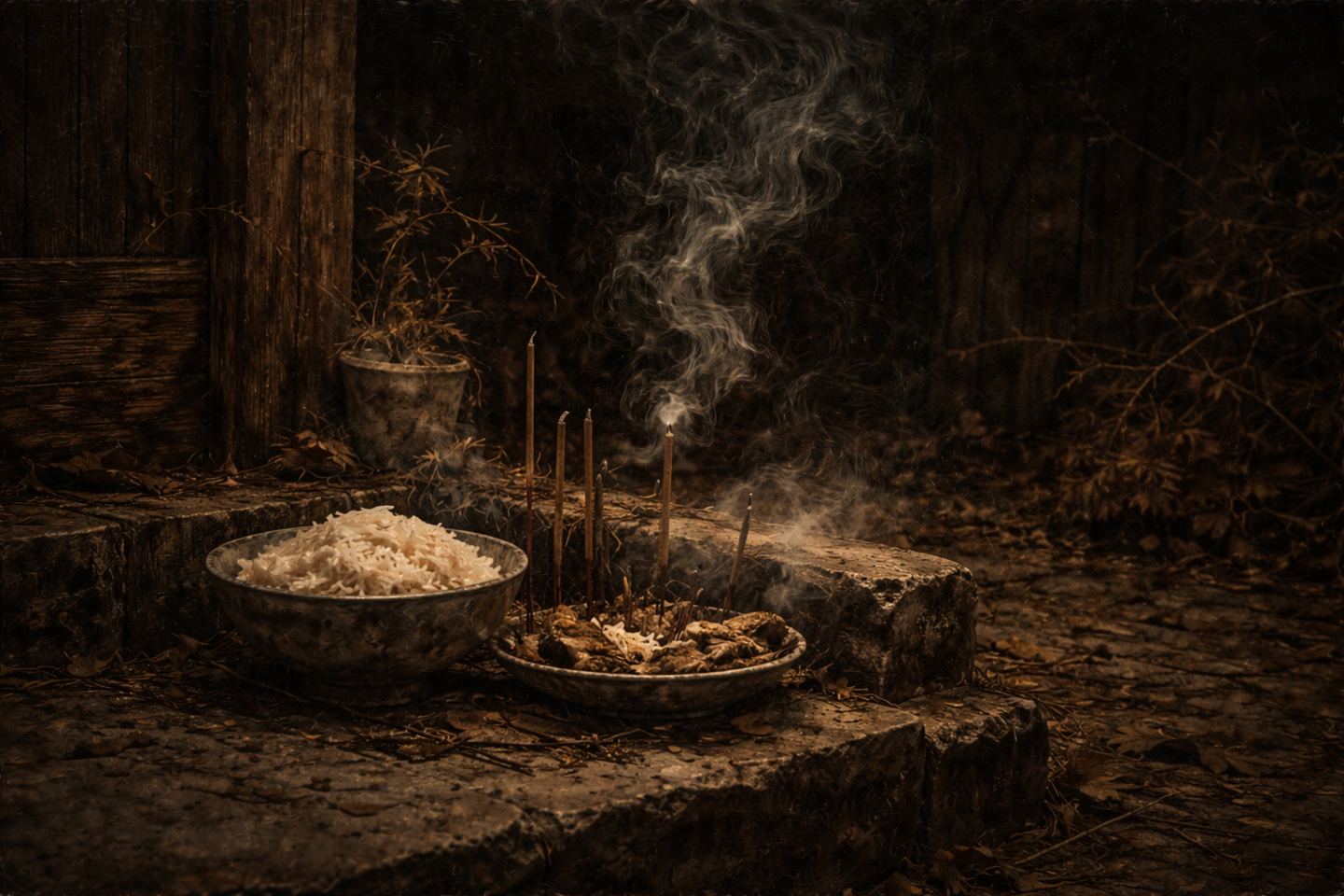 A stone bowl filled with cold rice and scattered offerings placed on a dark wooden surface, with thin smoke rising beside extinguished candles in a shadowed setting