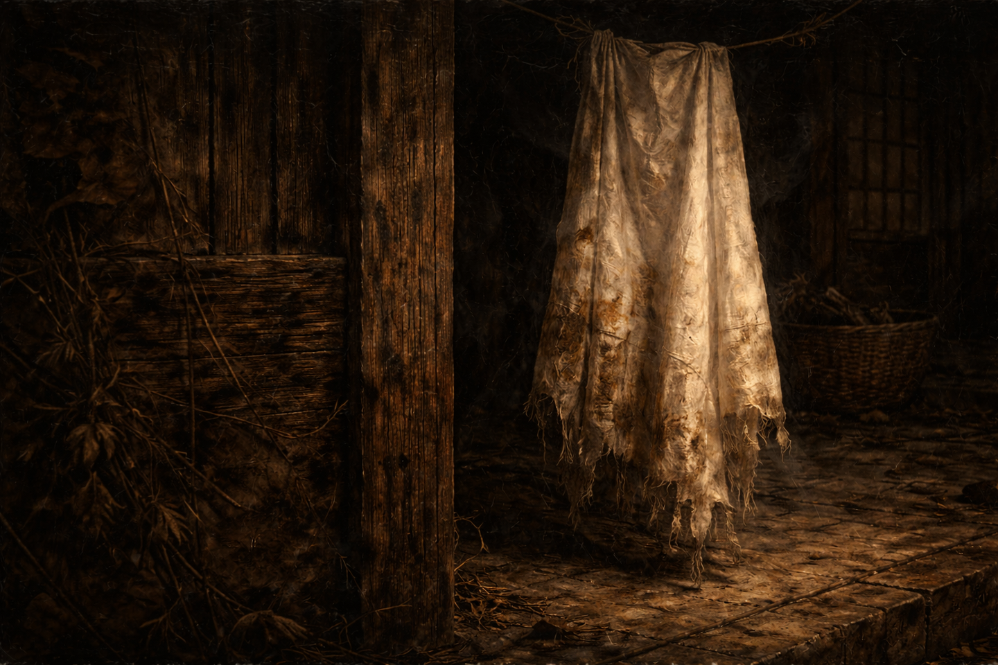 A worn white cloth hanging from a wooden beam in a dark interior, with frayed edges touching the dusty floor and old wooden walls surrounding it