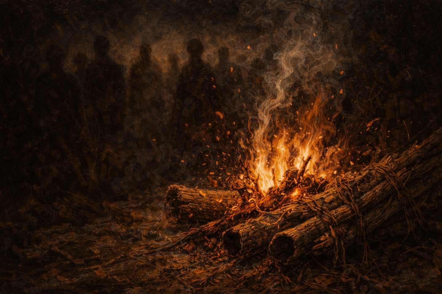 A bundle of straw burning on the ground at night, with bright flames, flying embers, and dark shadows forming indistinct shapes in the background