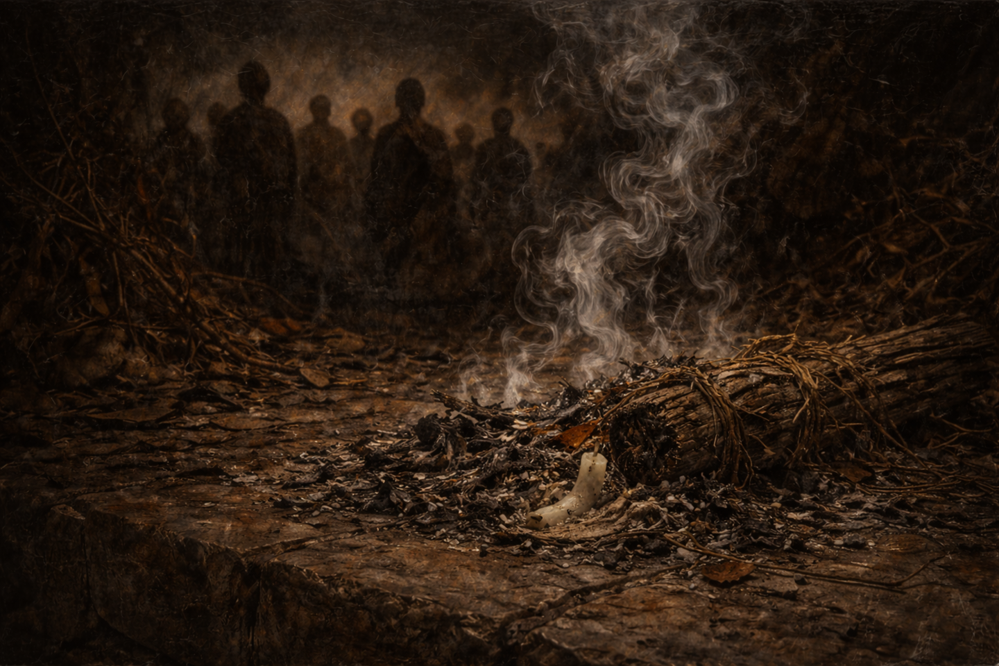 Smoldering ashes and a charred bundle of hemp lying on the ground, with thin smoke rising beside a melted candle stub on a dark stone surface