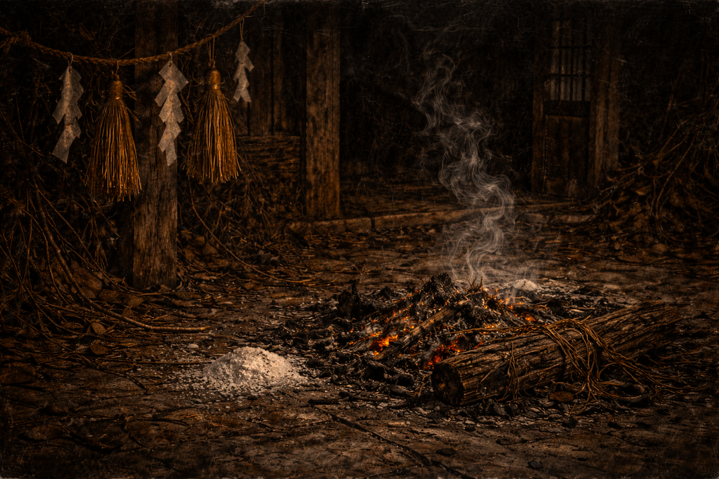 Smoldering remains of a small fire with glowing embers and rising smoke on the ground outside a wooden house, with straw bundles, ash, and ritual ornaments nearby in a dark setting
