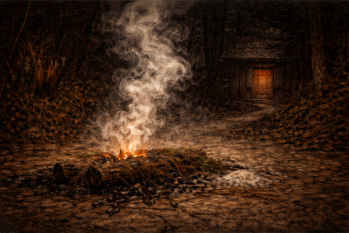 White smoke rising from a small fire on the ground, drifting upward toward a traditional wooden house with a faintly lit window, surrounded by trees and scattered ritual materials in a dark outdoor setting