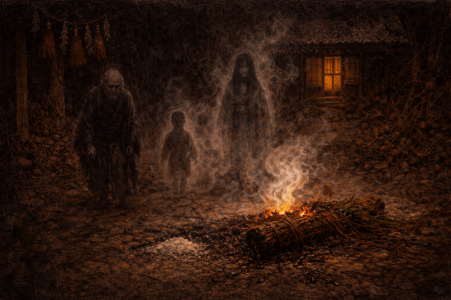 A smoldering straw fire on the ground outside a traditional Japanese house at night, with pale smoke drifting upward and several indistinct human-shaped forms standing in the dark background