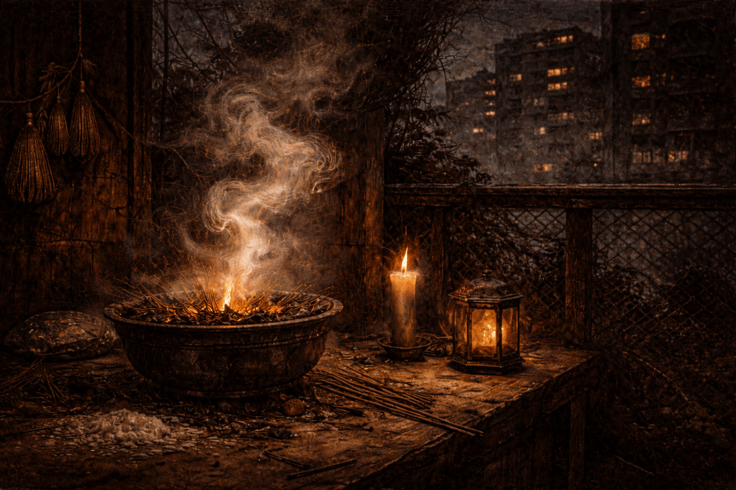 An incense burner releasing pale smoke on a dimly lit balcony at night, with a candle and a small lantern placed nearby, and distant apartment buildings visible through a railing