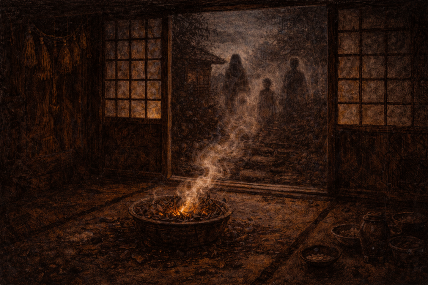 White smoke rising from a small fire inside a traditional Japanese room, drifting through open shoji screens toward shadowy silhouettes outside at night.