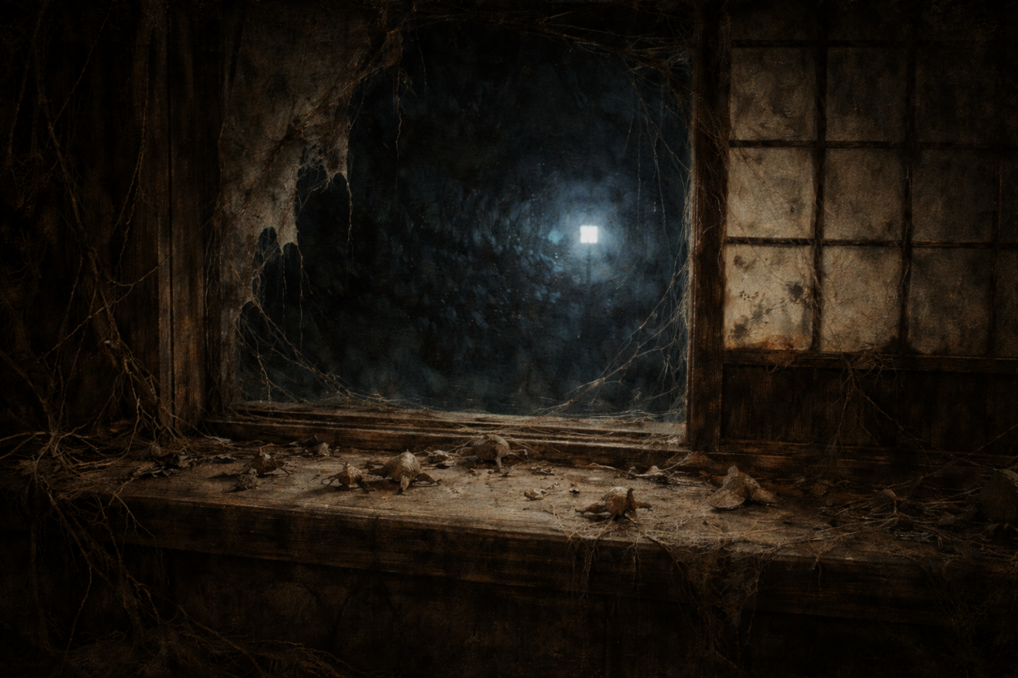 A cracked window in an old Japanese room at night, with torn shoji paper, dead moths scattered on the wooden sill, tangled cobwebs, and a distant cold light shining outside.