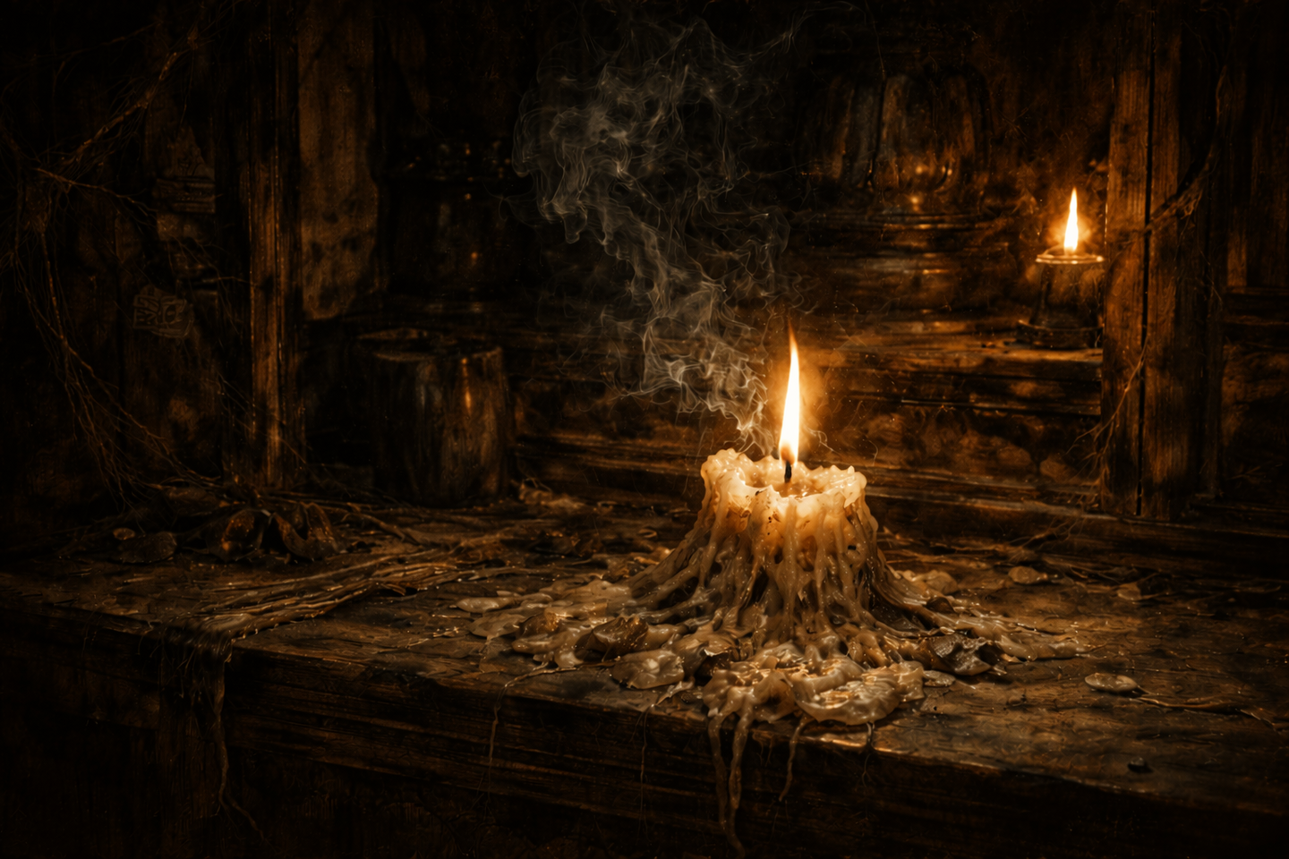 A burning candle on an old Buddhist altar, with melted wax pooled across a worn wooden surface and thin smoke rising into a dark room.