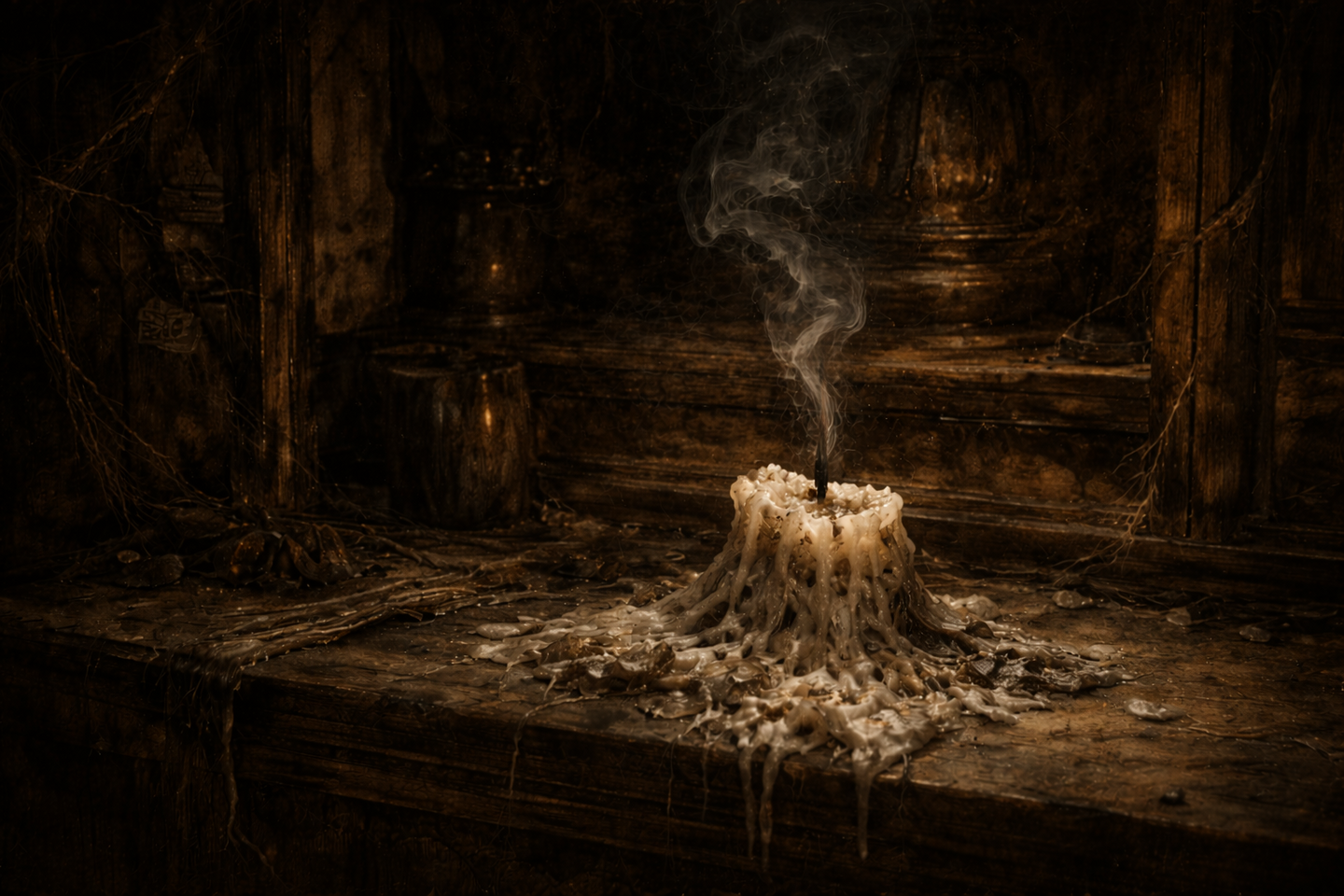Smoke rising upward from a small fire and incense on the ground, with ash and embers visible in a dark traditional Japanese setting.