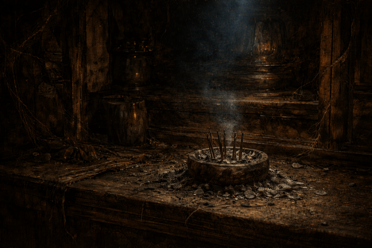 An incense burner filled with ash and burned incense sticks on a wooden altar, with faint smoke rising and a cold bluish light illuminating a dark traditional Japanese room.