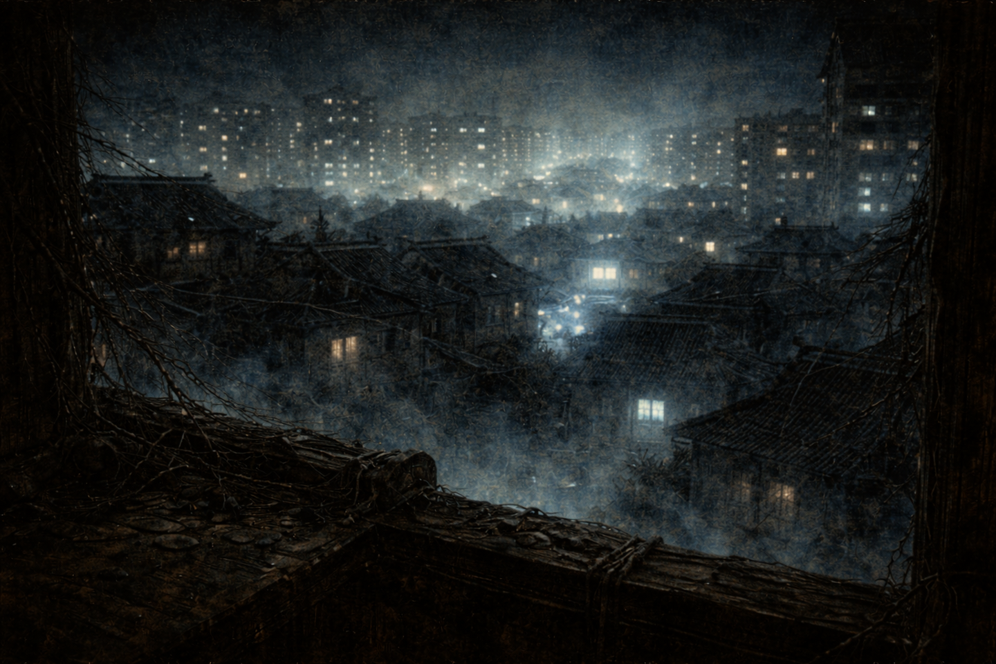 An incense burner with ash and burned incense sticks placed on a wooden surface, softly illuminated by uniform light in a dark traditional Japanese interior with faint shadows.