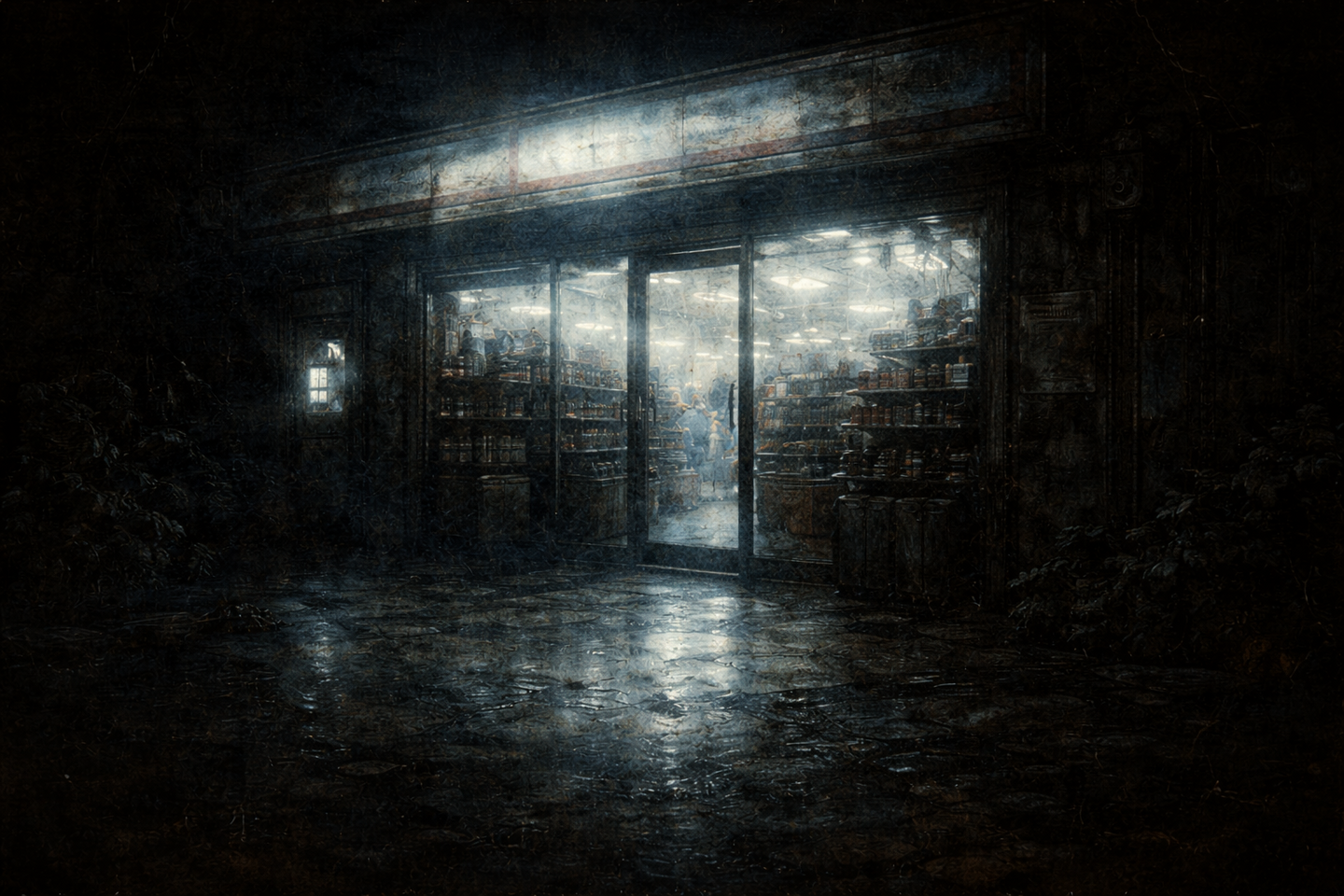 A brightly lit store entrance at night with glass doors, shelves visible inside, wet ground reflecting light, and dark surroundings with no people present.