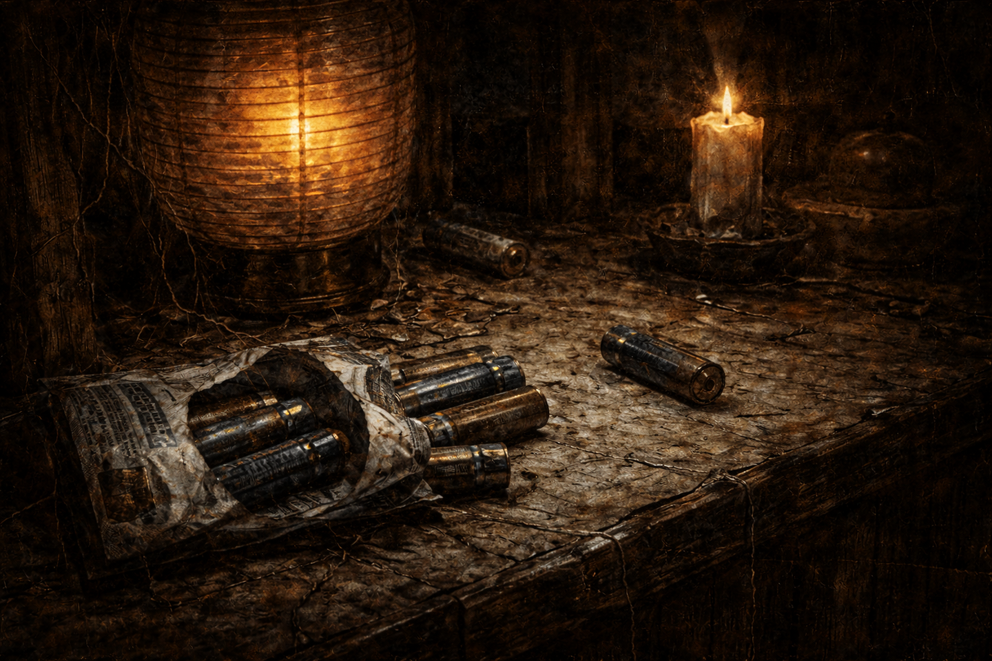 Used batteries scattered on an old wooden table in front of a Buddhist altar, with a paper lantern and a small candle nearby in a dark traditional Japanese room.