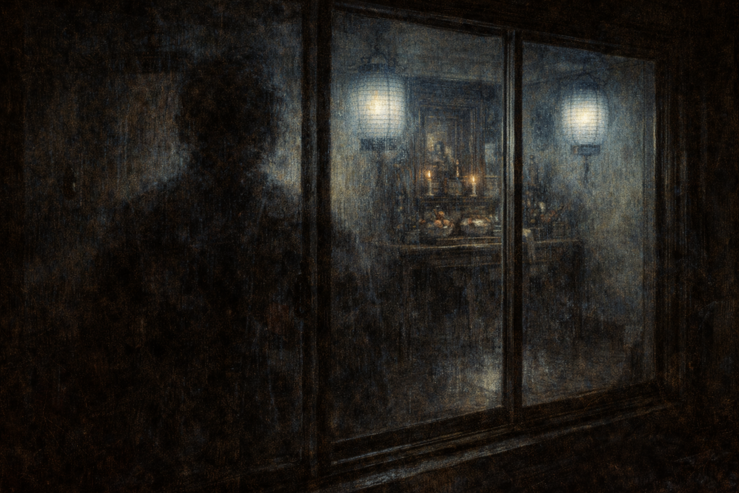 A glass entrance door of an apartment building at night, with bright light visible inside, an empty corridor outside, reflective floor, and no people present.