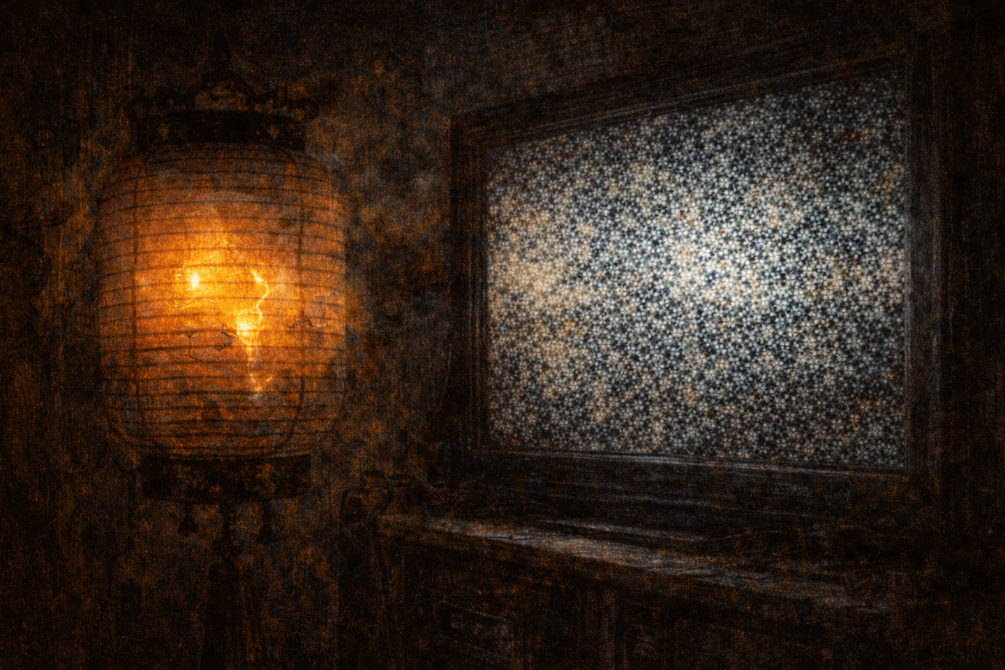 A dark interior room with a single unstable light source, uneven illumination on the walls and floor, and deep shadows filling the space.