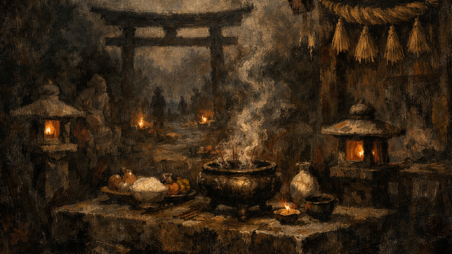 Dark atmospheric oil painting of a traditional Japanese Obon ritual altar with small flames, incense smoke, offerings, and a distant torii gate, suggesting the boundary between the human world and wandering spirits without showing human figures.