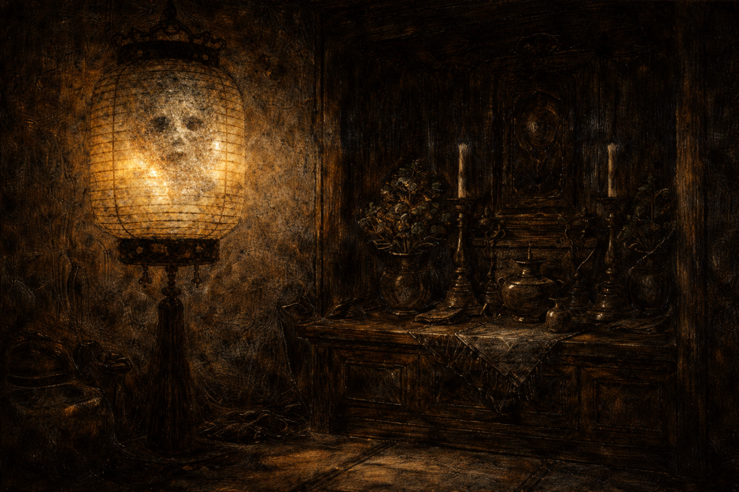 A paper lantern glowing beside a Buddhist altar in a dark Japanese room, with uneven light spreading across wooden surfaces and deep shadows filling the background.