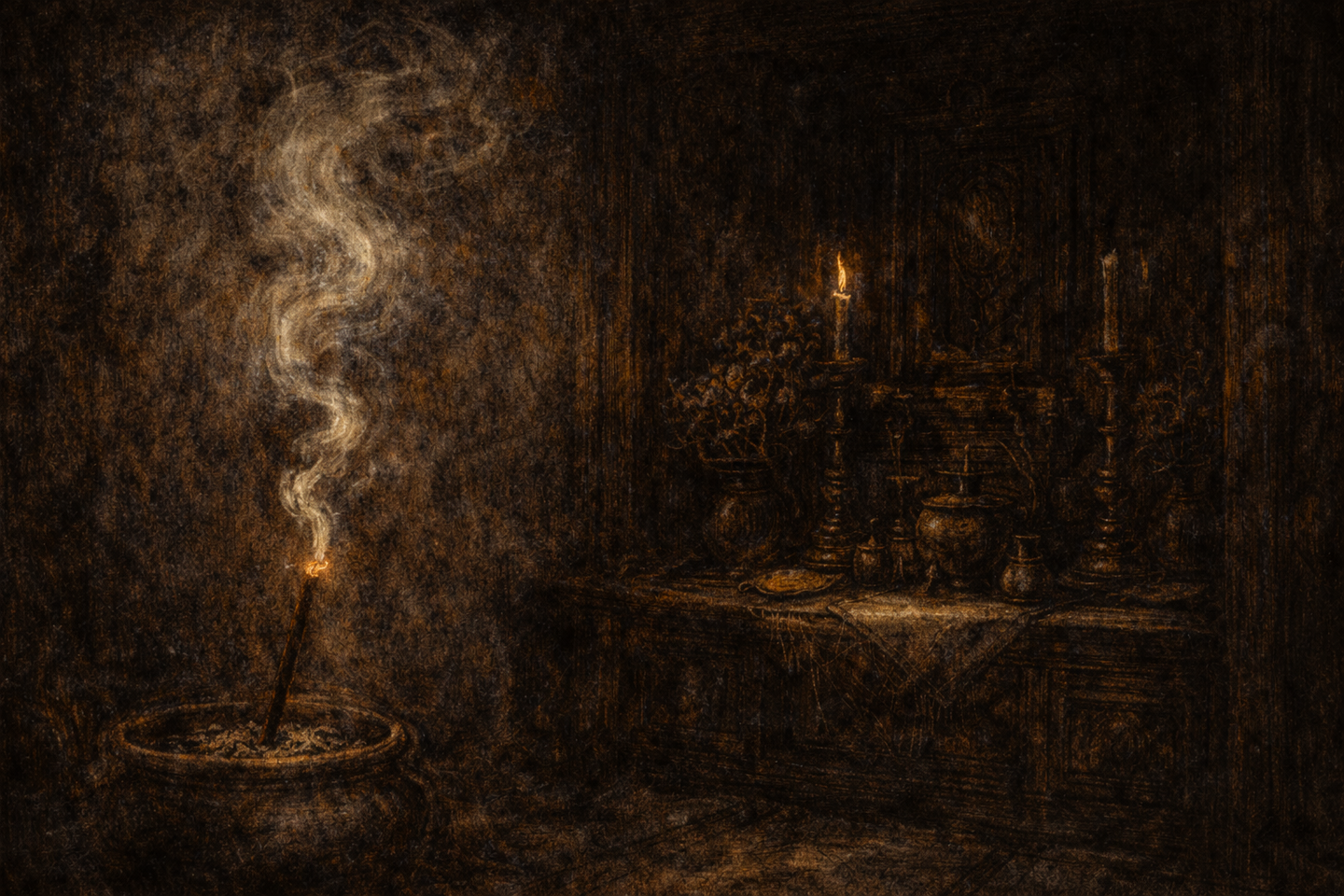 An incense burner with thin smoke rising beside a lantern in a Japanese altar room, with a small bowl emitting faint steam and dark wooden surfaces surrounding the scene.