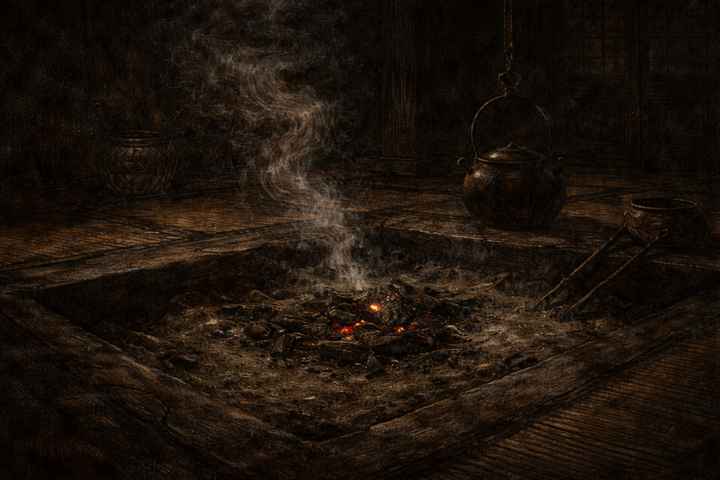 A dark interior with a traditional household altar, faint warm light lingering in the center, surrounded by deep shadows and heavy darkness.