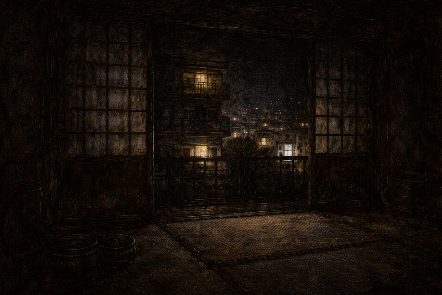 A dark tatami room with open shoji screens, facing a balcony and distant apartment buildings lit by small, cold lights at night.