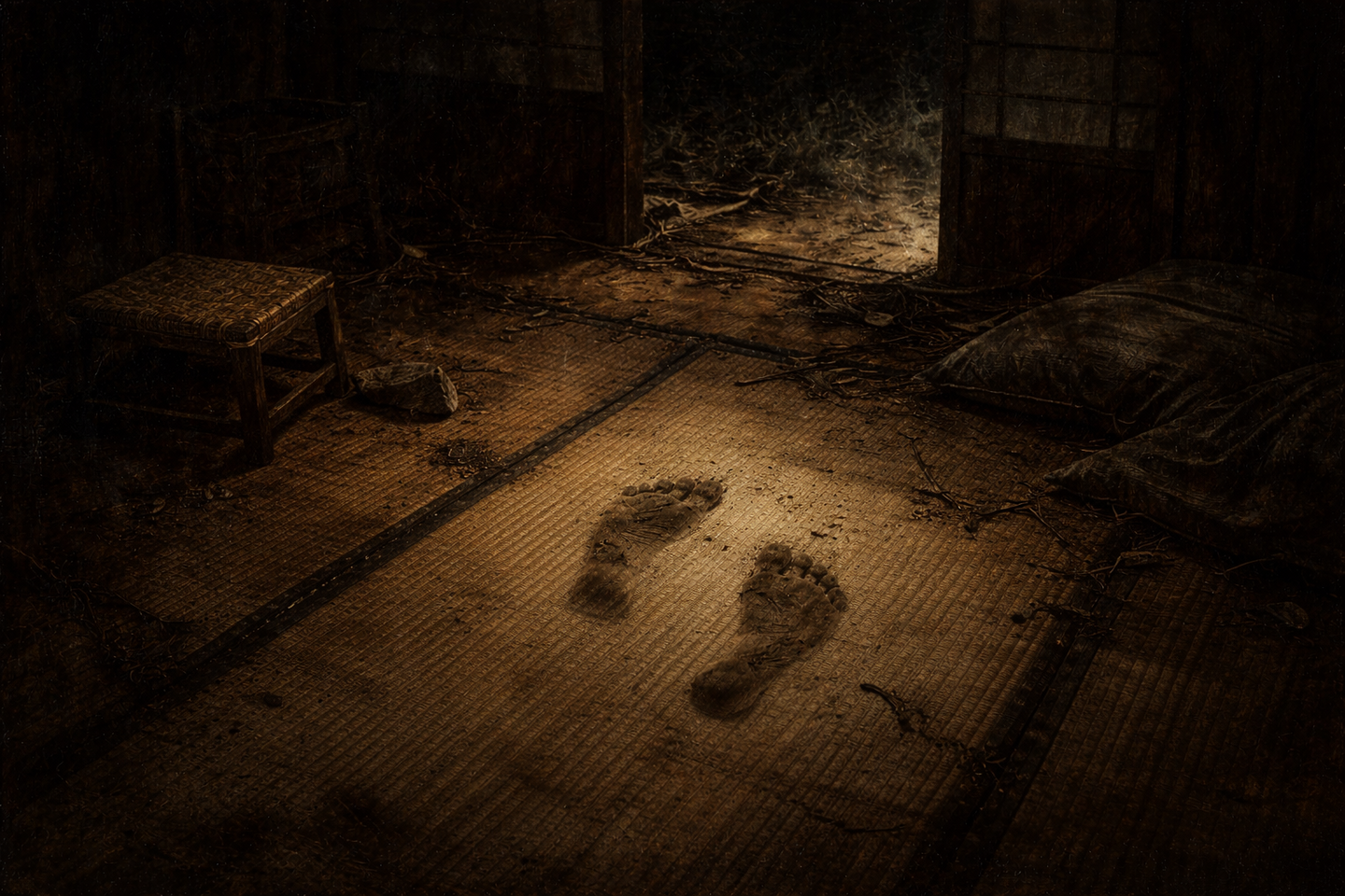 Dusty footprints on tatami mats inside a dark traditional Japanese room, with an overturned stool, scattered debris, sliding doors, and deep shadows filling the space.