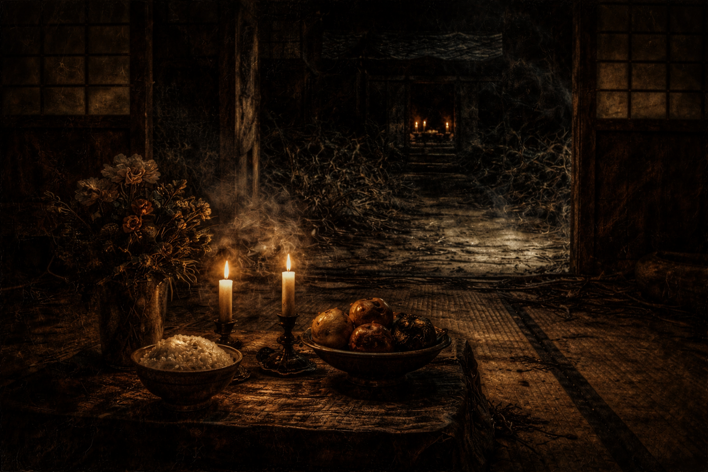 A dim traditional Japanese interior at night with lit candles, a low table holding rice, fruit offerings, and flowers, an open corridor leading into darkness, and deep shadows filling the space.