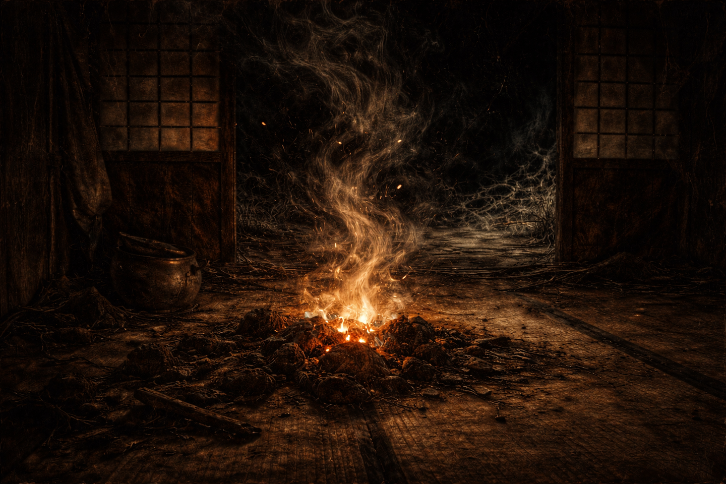 Glowing embers and a small flame in deep darkness, with drifting smoke and surrounding shadows fading into an indistinct background.