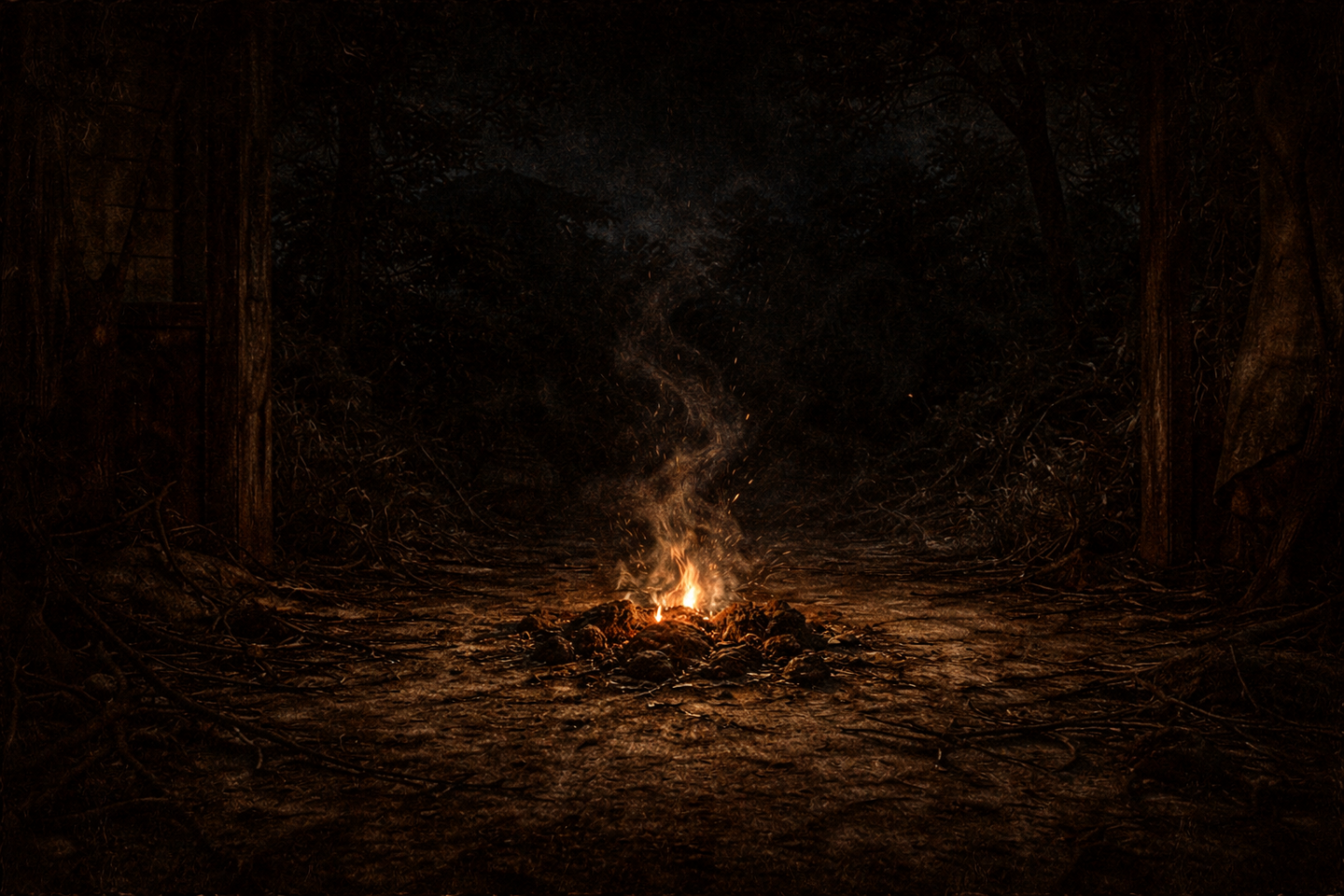 A small fire burning in deep darkness, with smoke rising, the surrounding garden and ground barely visible as shadows close in around the flame.
