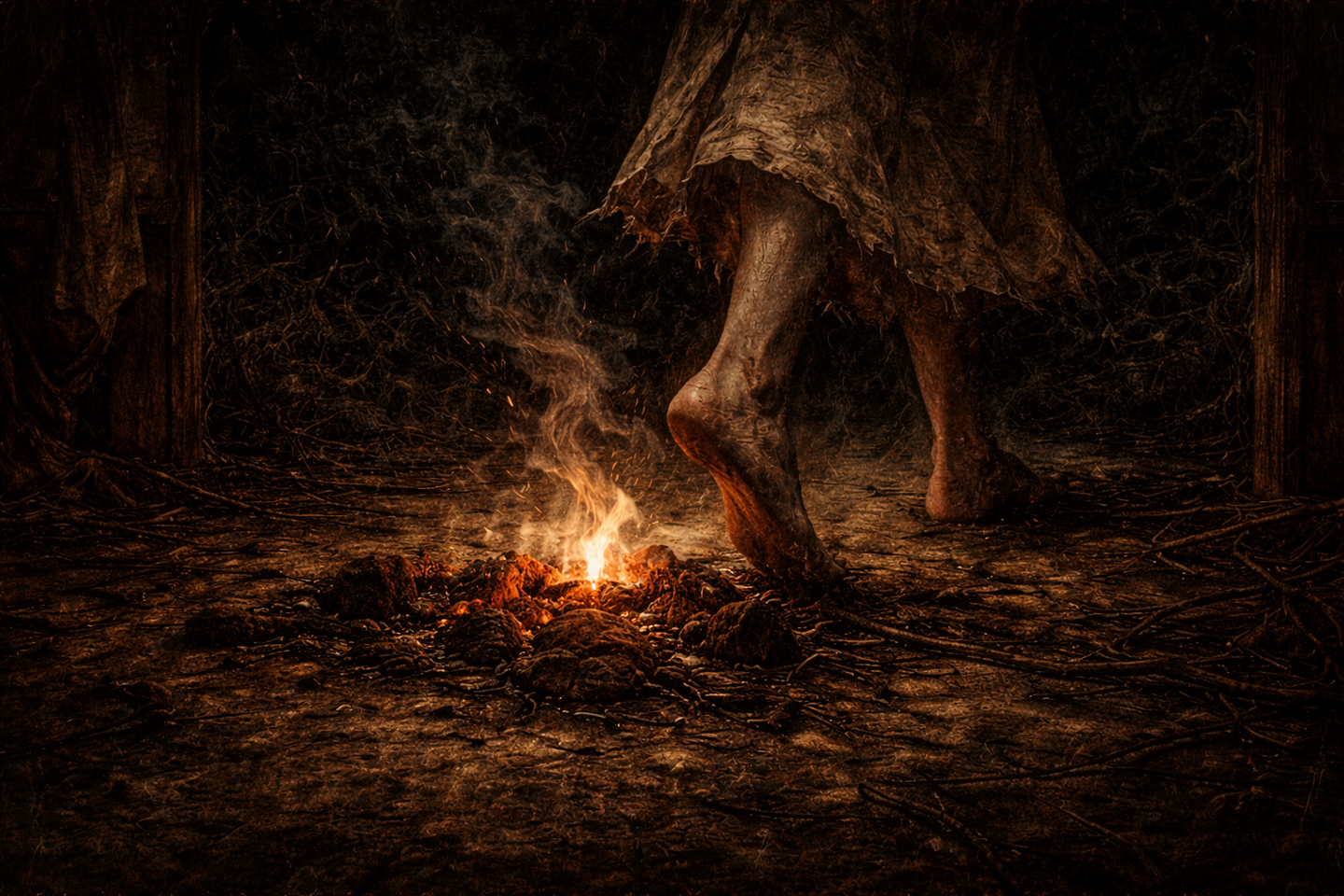 Bare feet stepping over a small fire on the ground at night, with glowing embers, smoke rising, and the lower hem of a worn garment visible in a dark, earthy setting.