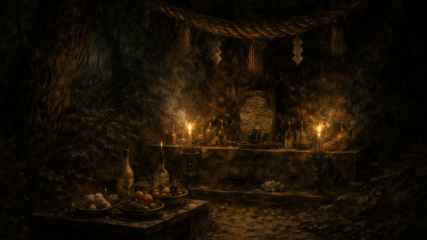 夜の森の中にある日本の儀礼的な石の祭壇。ろうそくの火に照らされた供物や酒瓶、縄が置かれ、周囲には人の姿はなく、不穏な気配だけが漂っている。