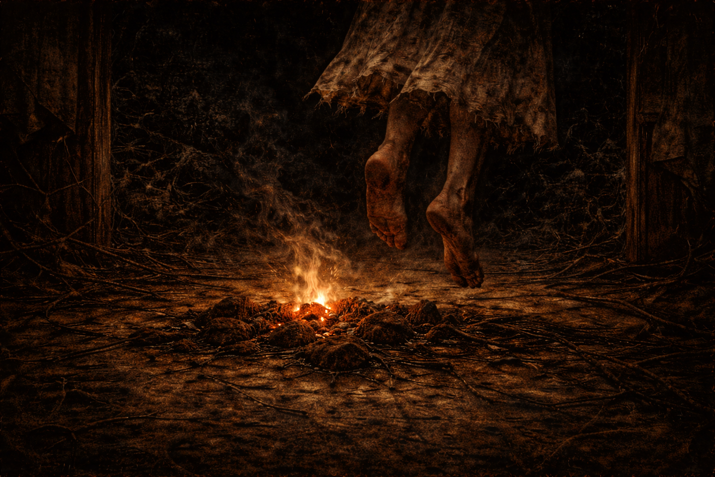 Bare feet hovering above a small fire at night, glowing embers and rising smoke beneath, with the lower edge of a worn garment and deep darkness surrounding the scene.