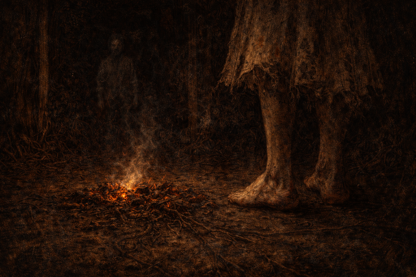 Bare feet covered in dirt standing near a small dying bonfire on the ground at night, with smoke rising, dark trees surrounding the scene, and deep shadows filling the background.