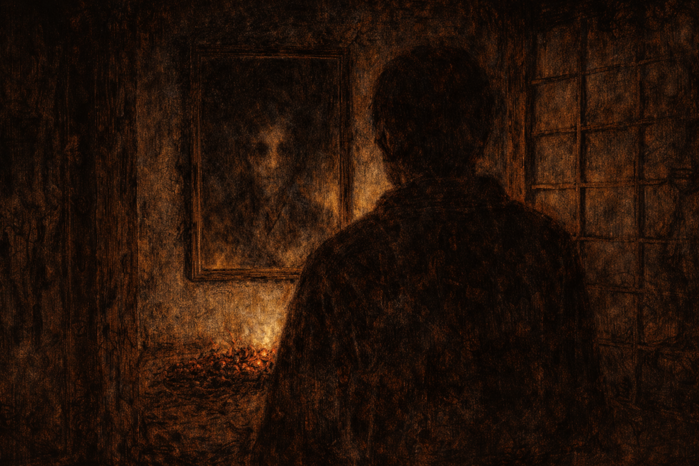 A shadowed person standing in a dark traditional Japanese room, facing a foggy mirror, with a small pile of glowing embers on the floor and shoji panels casting dim light and deep shadows.