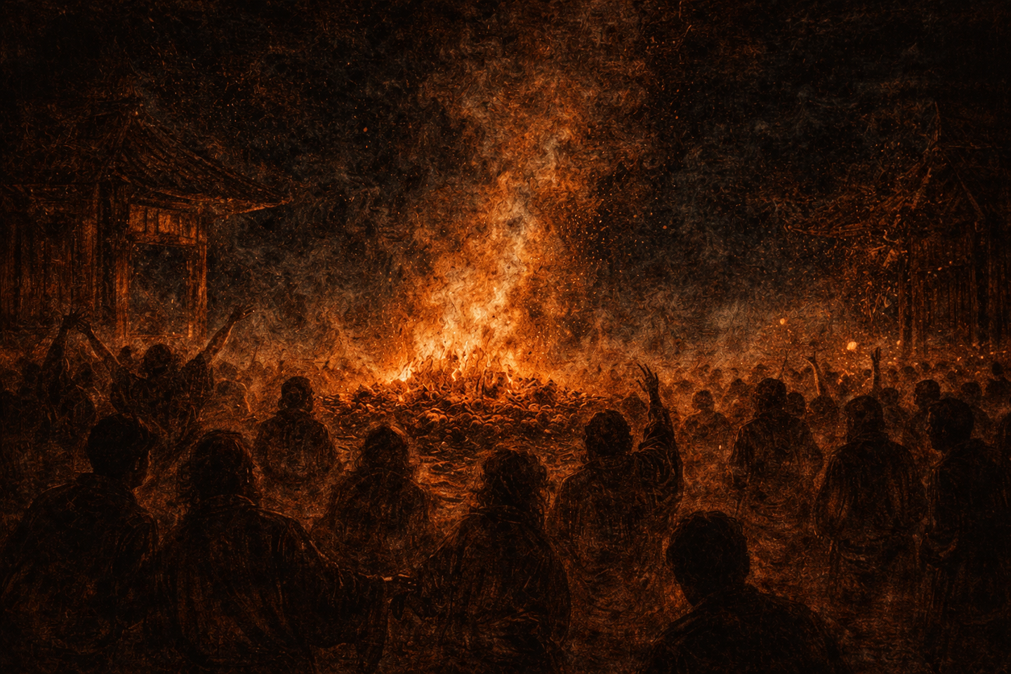 A small solitary fire burning in a dark garden at night, with embers glowing on the ground, faint smoke rising, and surrounding space fading into deep shadows.