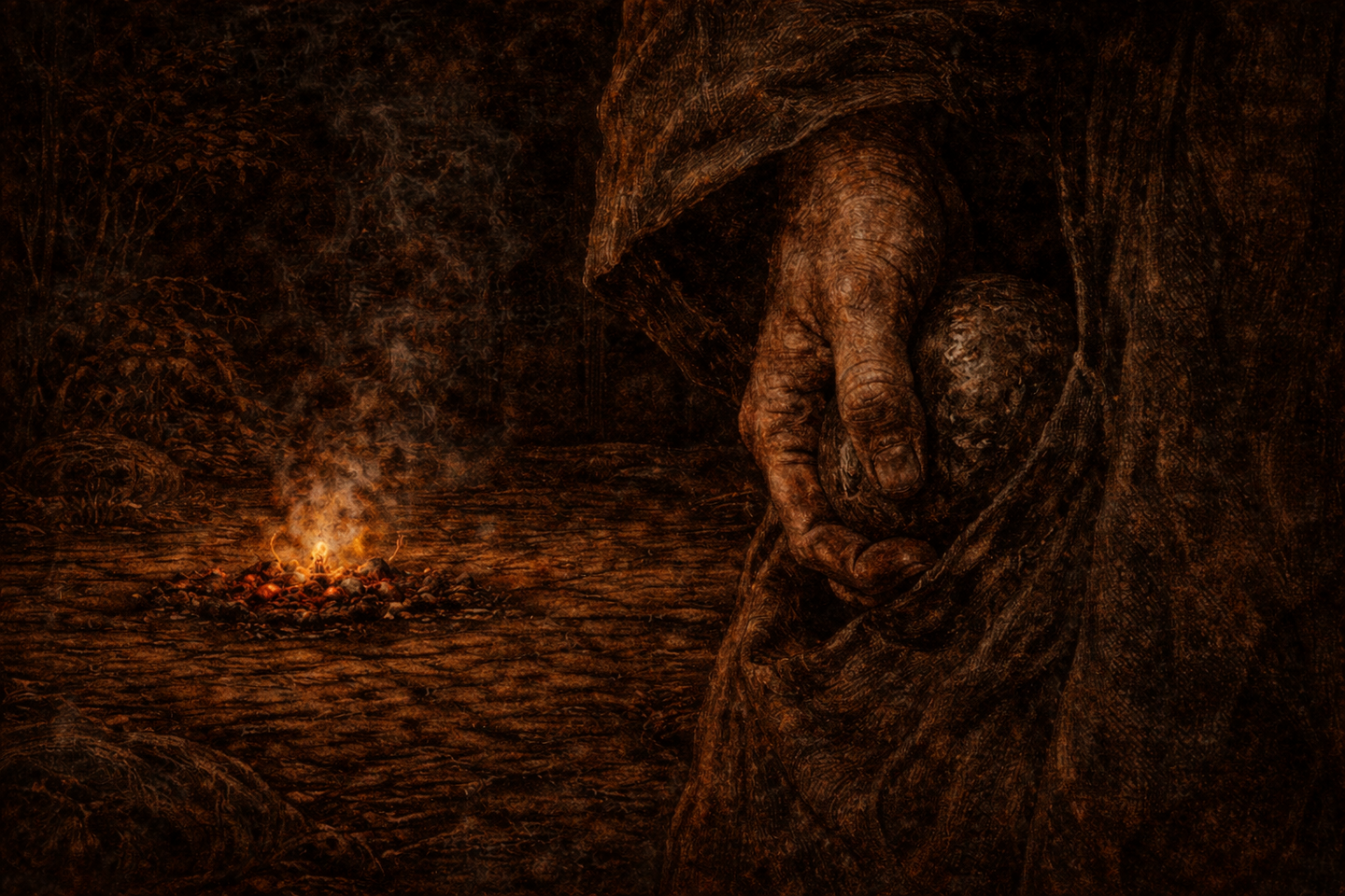 A small stone held in a hand near a low bonfire at night, with glowing embers on the ground, faint smoke rising, and darkness surrounding the scene.