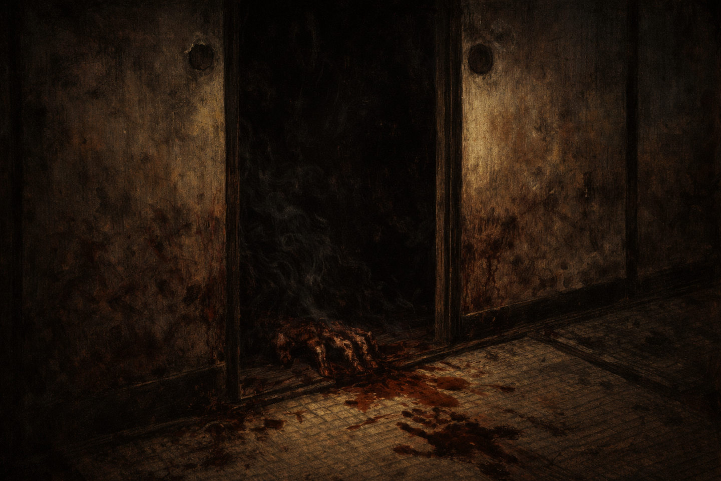 Dark traditional entrance space with small firelight on the ground, scattered straw fragments, heavy shadows along wooden structures, and an empty passage extending into darkness.