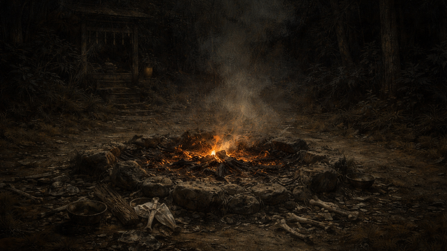 夜の日本の森に残された儀礼の火跡。石で囲まれた焚き火の中心に弱く残る火種と、周囲に散らばる灰や骨のような残骸が、静かな不穏さを漂わせている。