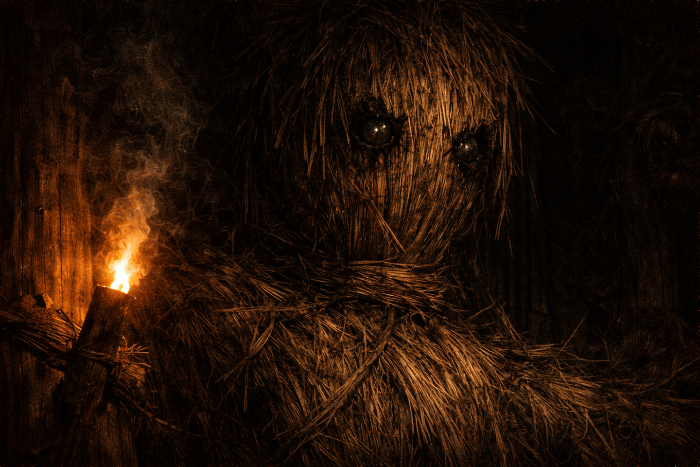 Large straw doll standing at a village boundary, with a rough woven face and two dark charcoal pieces set where eyes would be, surrounded by trees and deep shadows at dusk.