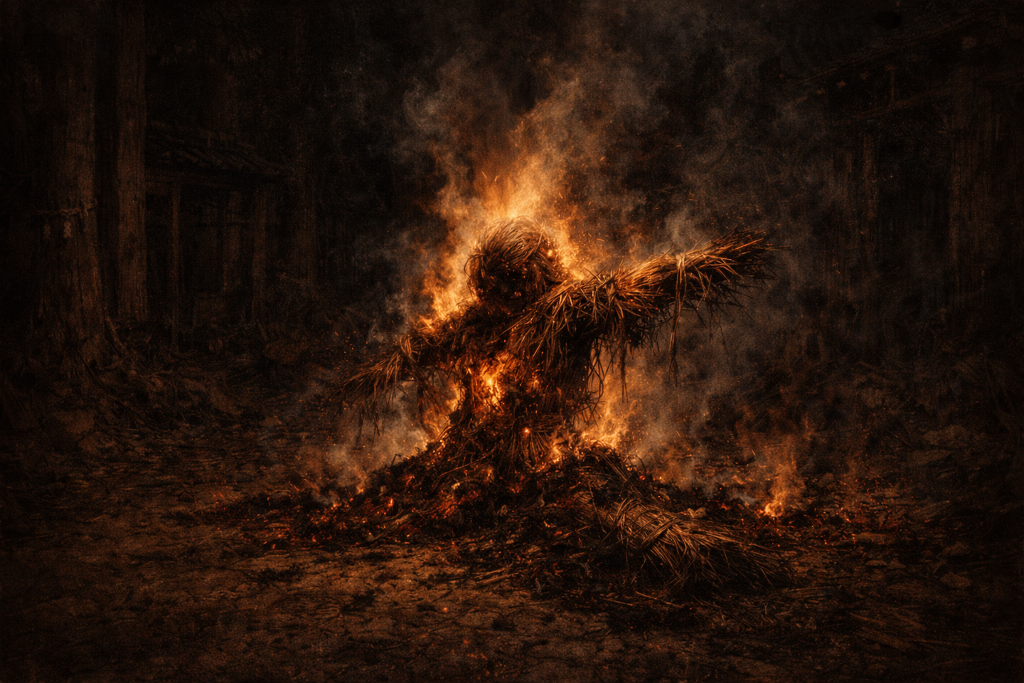 Empty village entrance at night with scorched ground, scattered ash, faint smoke near the surface, and surrounding darkness where no figures remain.