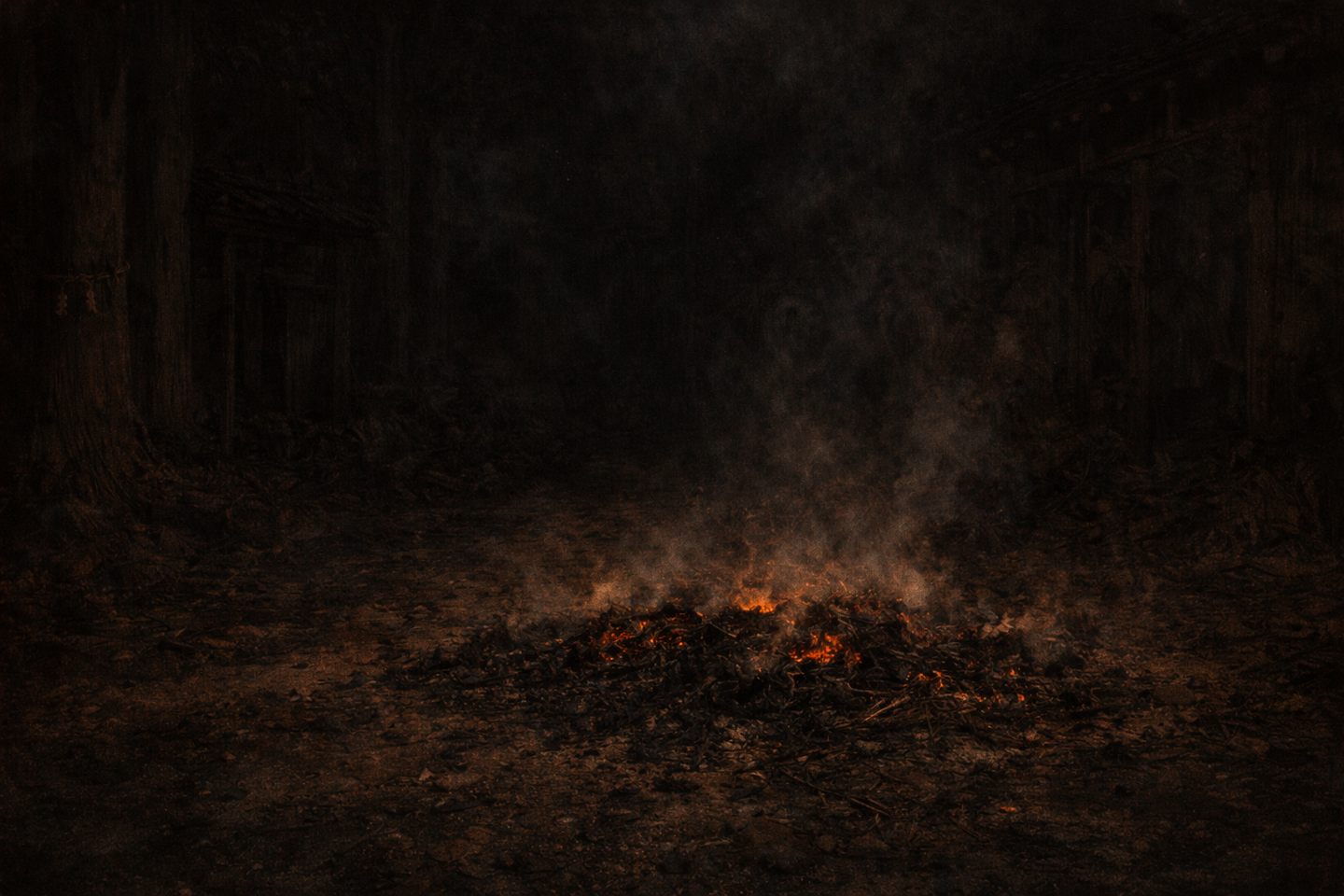 Ash-covered ground in a village area at night with a line of long, narrow footprints extending forward, faint smoke rising nearby, and surrounding darkness with no visible figures.